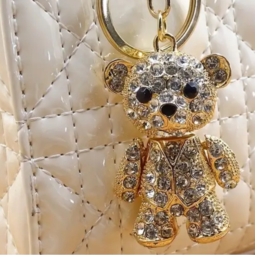 Gold Crystal Teddy Bear Bag Charm or Keychain - Picture 3 of 4